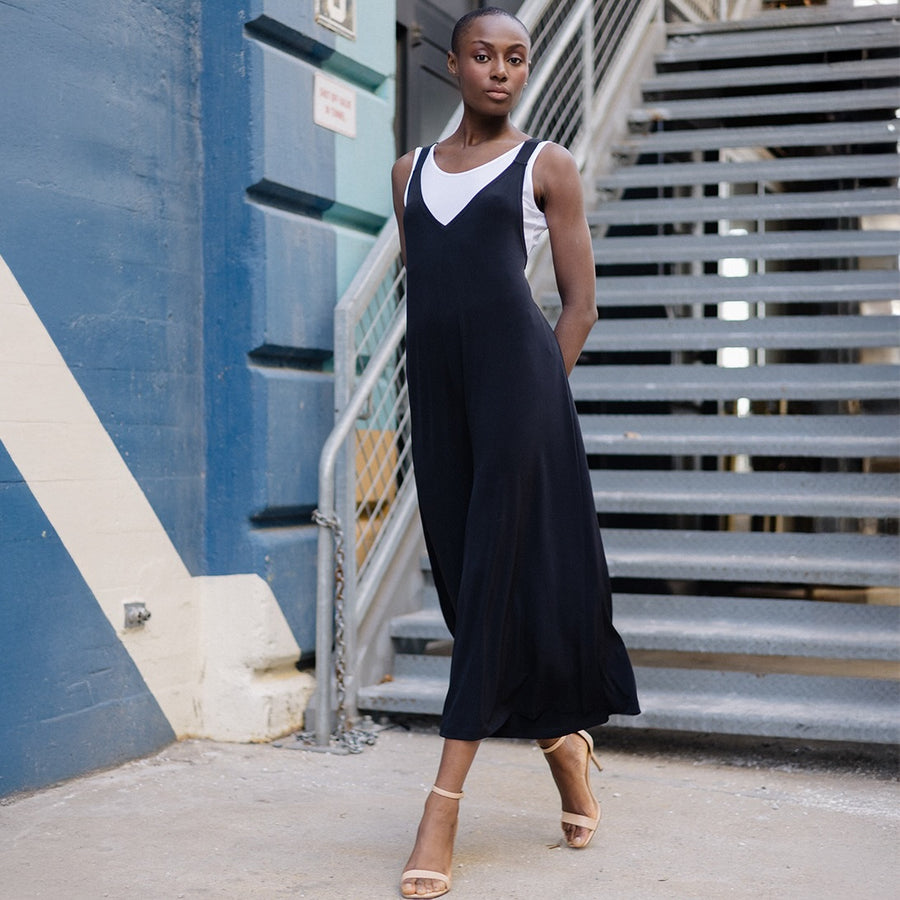 V-Neck Cross Back Jumpsuit - Black