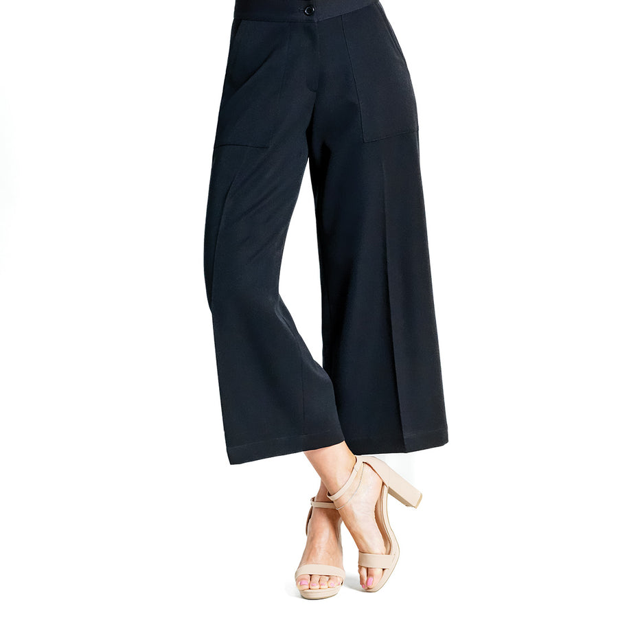 Woven Twill - Zip Closure Front Pocket Cropped Trouser - Black