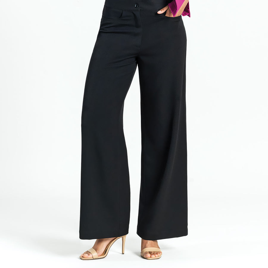 Woven Twill - Zip Closure Wide Leg Pocket Trouser - Black