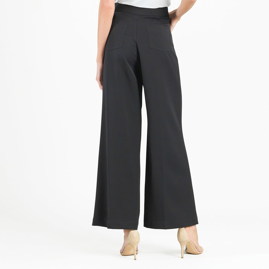 Woven Twill - Zip Closure Wide Leg Pocket Trouser - Black