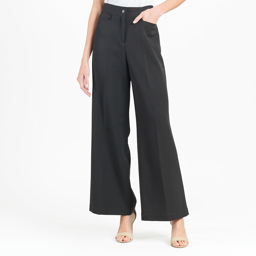 Woven Twill - Zip Closure Wide Leg Pocket Trouser - Black