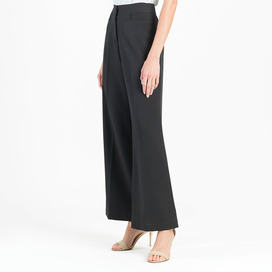 Woven Twill - Zip Closure Wide Leg Pocket Trouser - Black