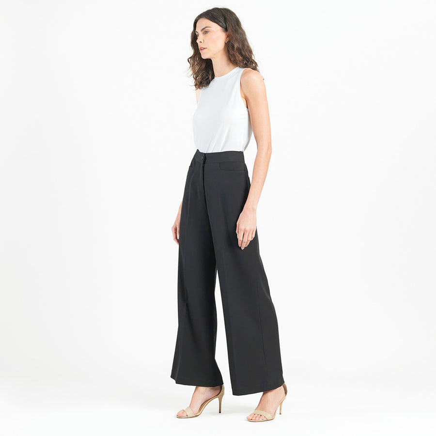 Woven Twill - Zip Closure Wide Leg Pocket Trouser - Black