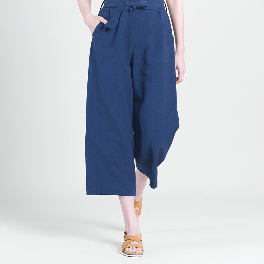 Linen Knit - Tie Waist Cropped Pant - Navy