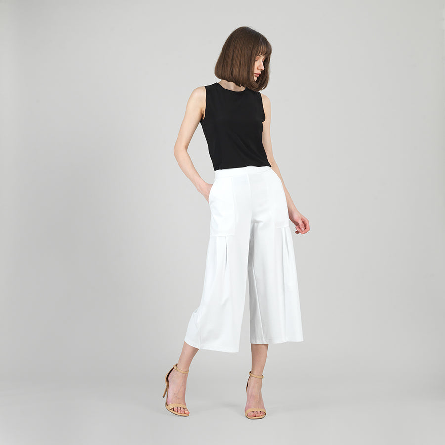 Rayon-Ponte Knit - Pleated Gaucho Pocket Pant - White - Limited Sizes!