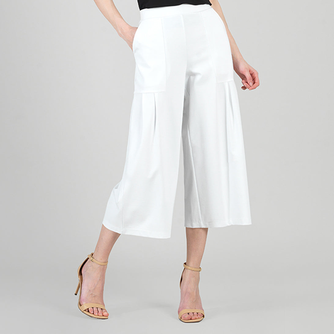 Rayon-Ponte Knit - Pleated Gaucho Pocket Pant - White - Final Sale