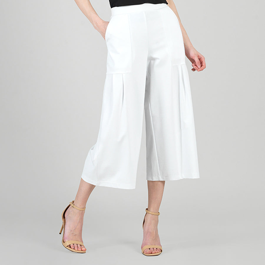 Rayon-Ponte Knit - Pleated Gaucho Pocket Pant - White - Limited Sizes!