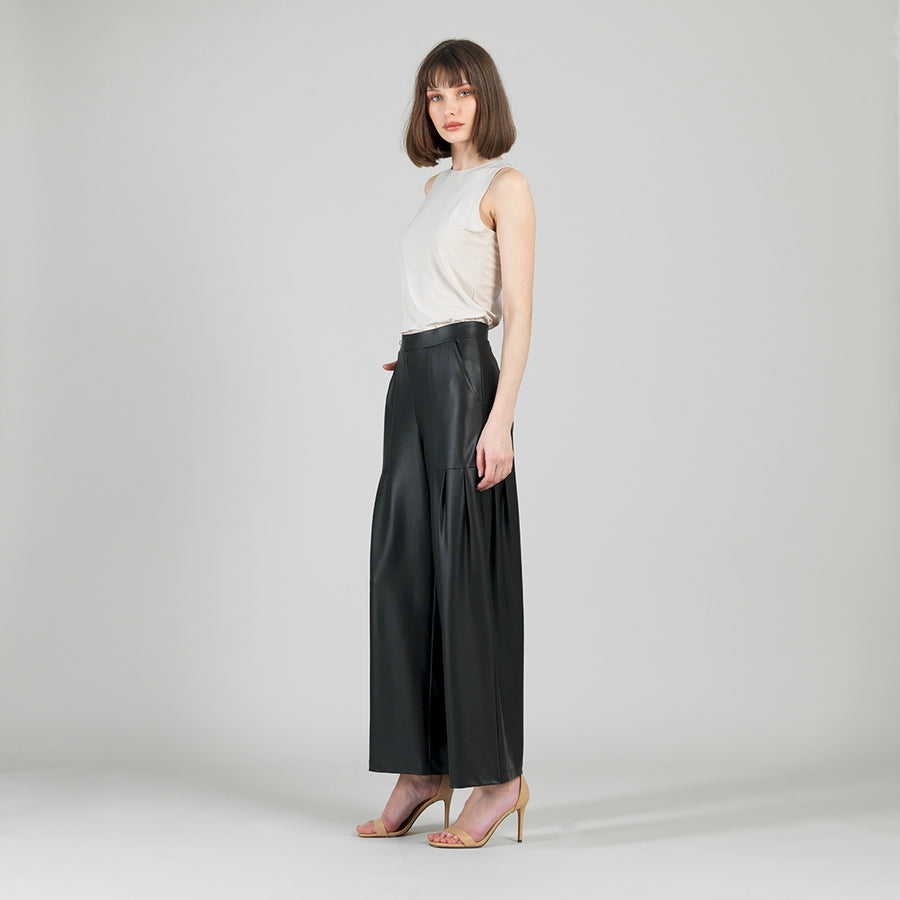Liquid Leather™ - Sheen Pleated Wide Leg Pocket Pant - Black