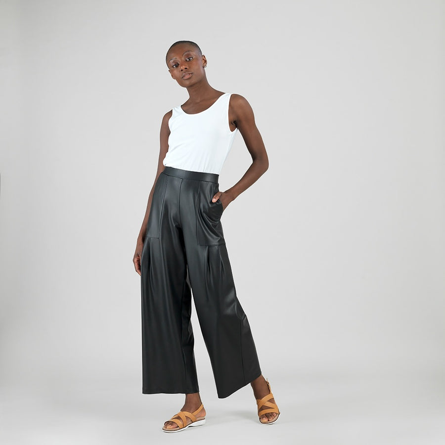 Liquid Leather™ - Sheen Pleated Wide Leg Pocket Pant - Black