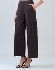 Rayon-Ponte Knit - Pleated Wide Leg Pocket Pant - Brown