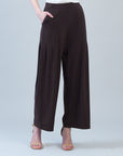 Rayon-Ponte Knit - Pleated Wide Leg Pocket Pant - Brown