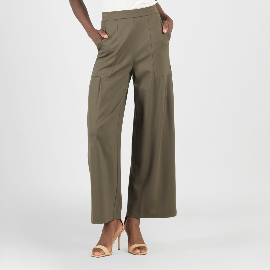 Rayon-Ponte Knit - Pleated Wide Leg Pocket Pant - Olive - Limited