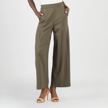 Rayon-Ponte Knit - Pleated Wide Leg Pocket Pant - Olive