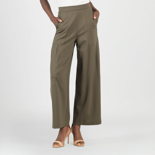 Rayon-Ponte Knit - Pleated Wide Leg Pocket Pant - Olive – Clara Sunwoo