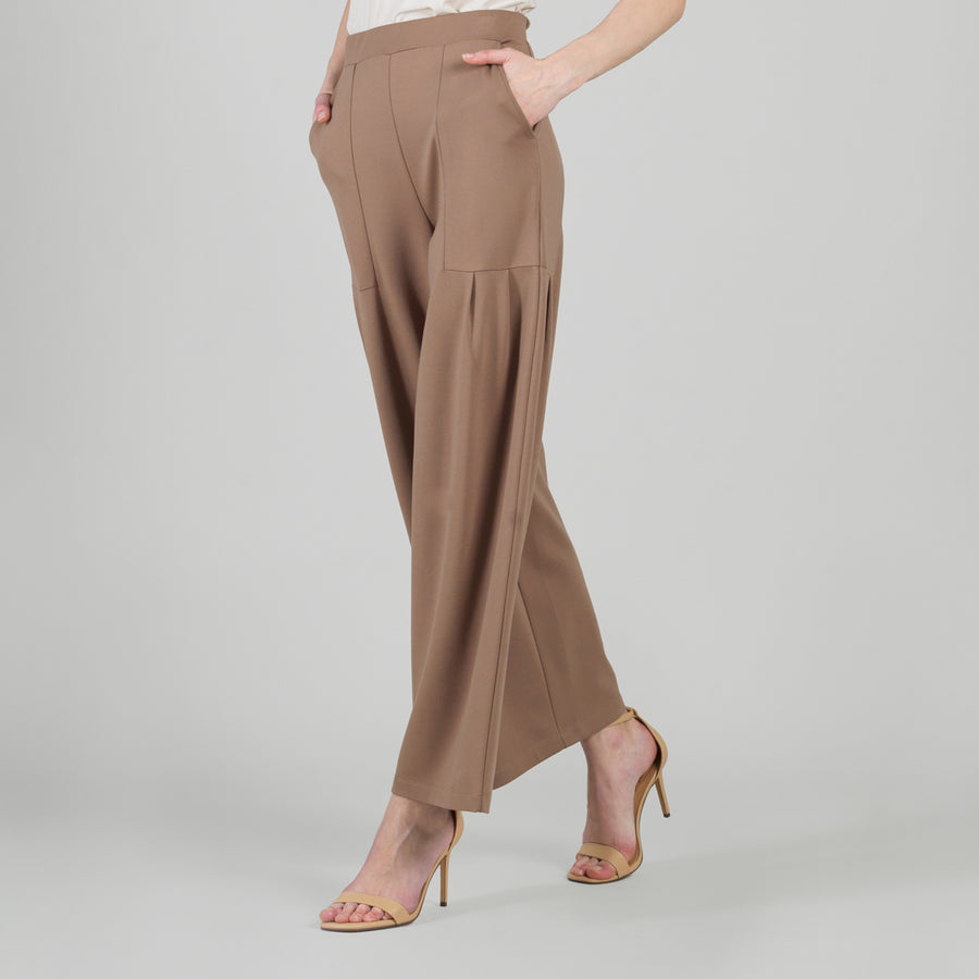 Rayon-Ponte Knit - Pleated Wide Leg Pocket Pant - Taupe