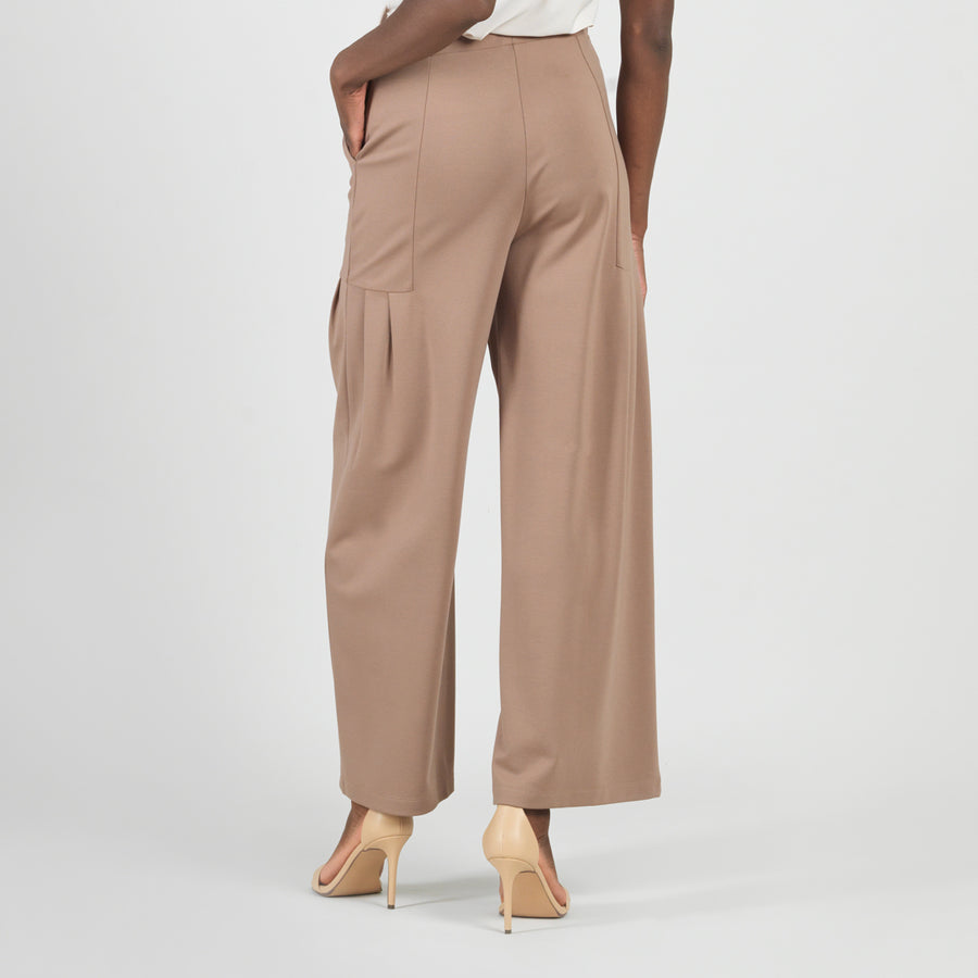 Rayon-Ponte Knit - Pleated Wide Leg Pocket Pant - Taupe