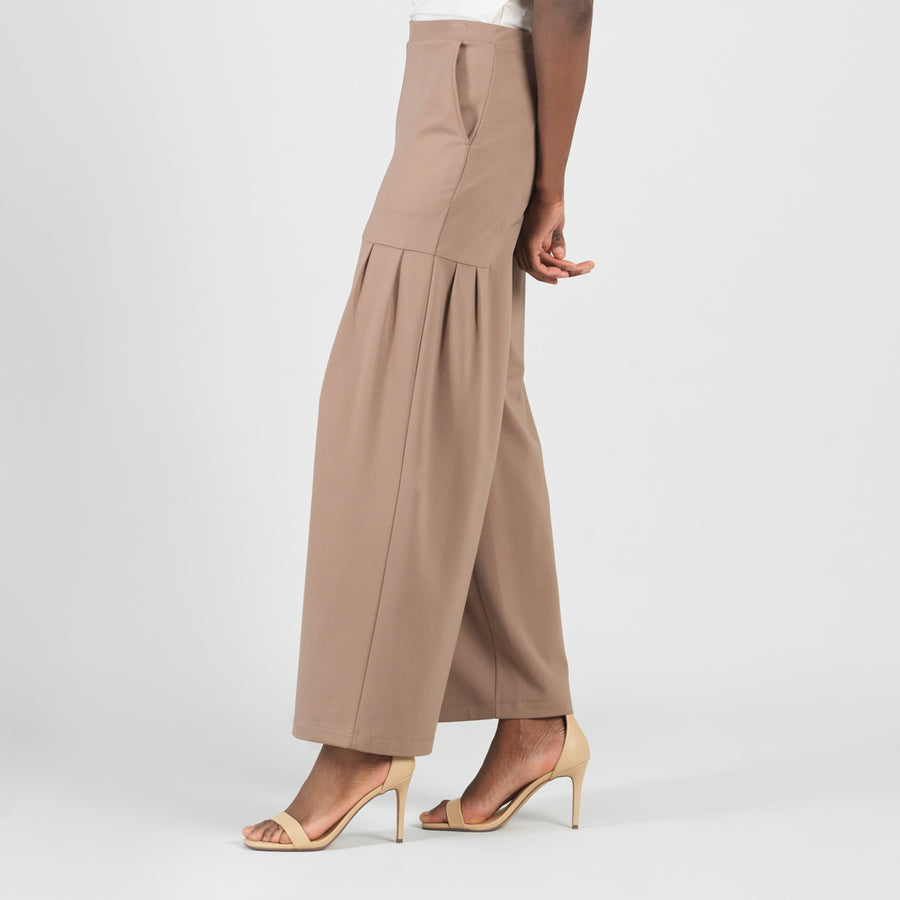 Rayon-Ponte Knit - Pleated Wide Leg Pocket Pant - Taupe