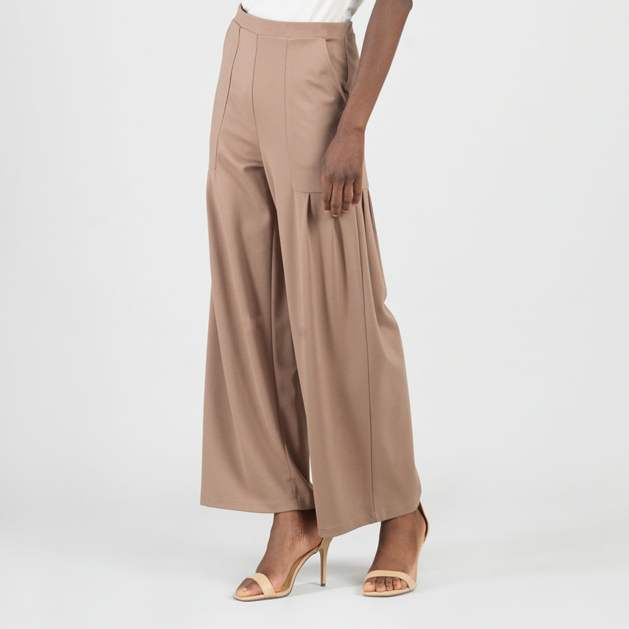 Rayon-Ponte Knit - Pleated Wide Leg Pocket Pant - Taupe