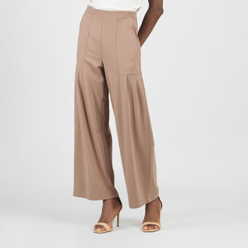 Rayon-Ponte Knit - Pleated Wide Leg Pocket Pant - Taupe