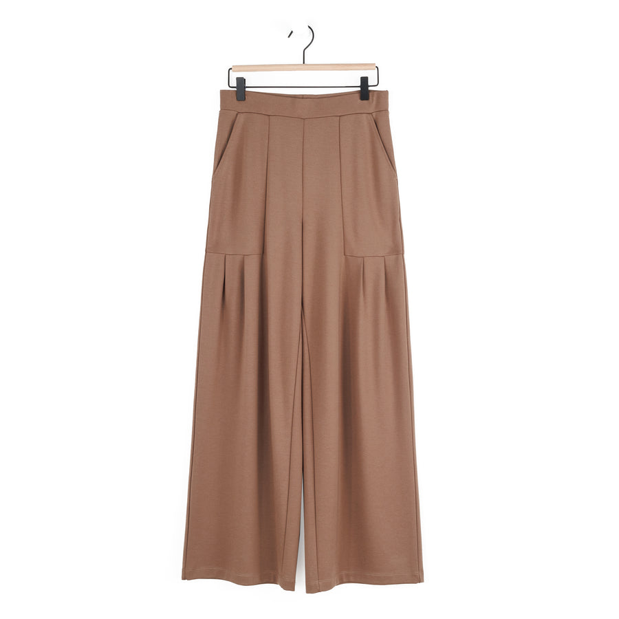 Rayon-Ponte Knit - Pleated Wide Leg Pocket Pant - Taupe