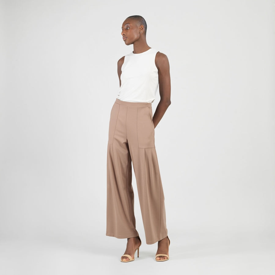 Rayon-Ponte Knit - Pleated Wide Leg Pocket Pant - Taupe