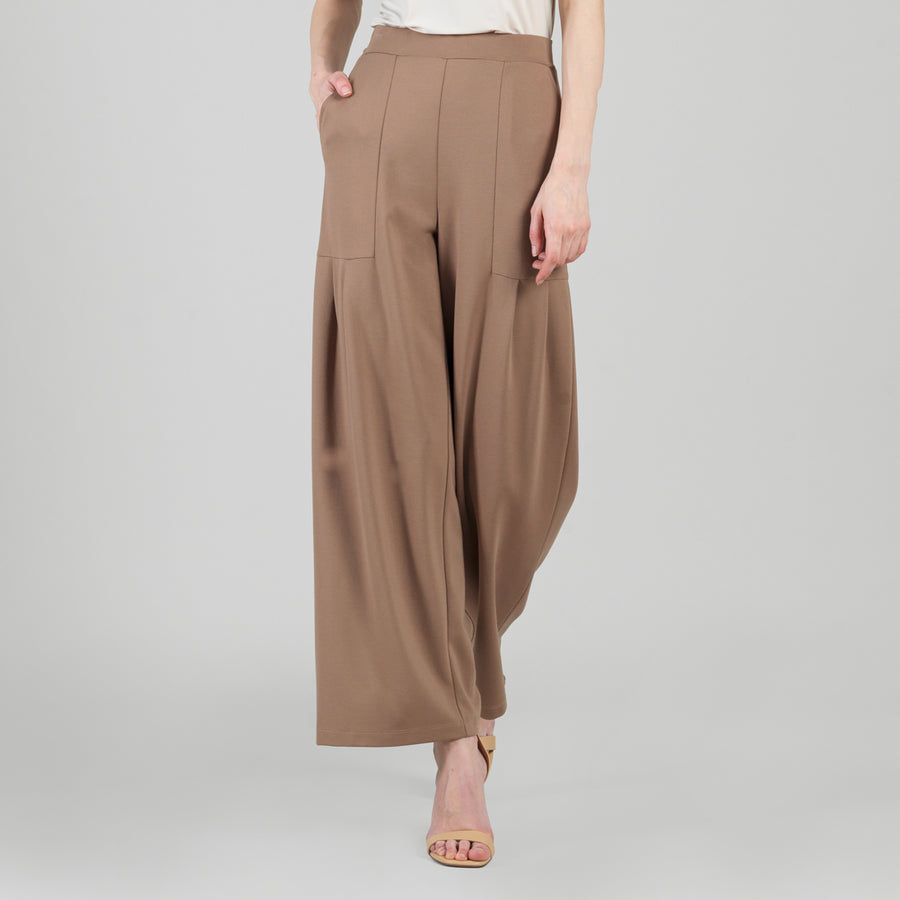 Rayon-Ponte Knit - Pleated Wide Leg Pocket Pant - Taupe