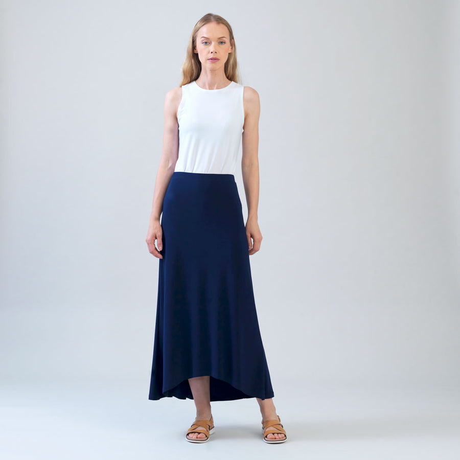 Cascade Drape Hi-Low Maxi Skirt - Navy – Clara Sunwoo
