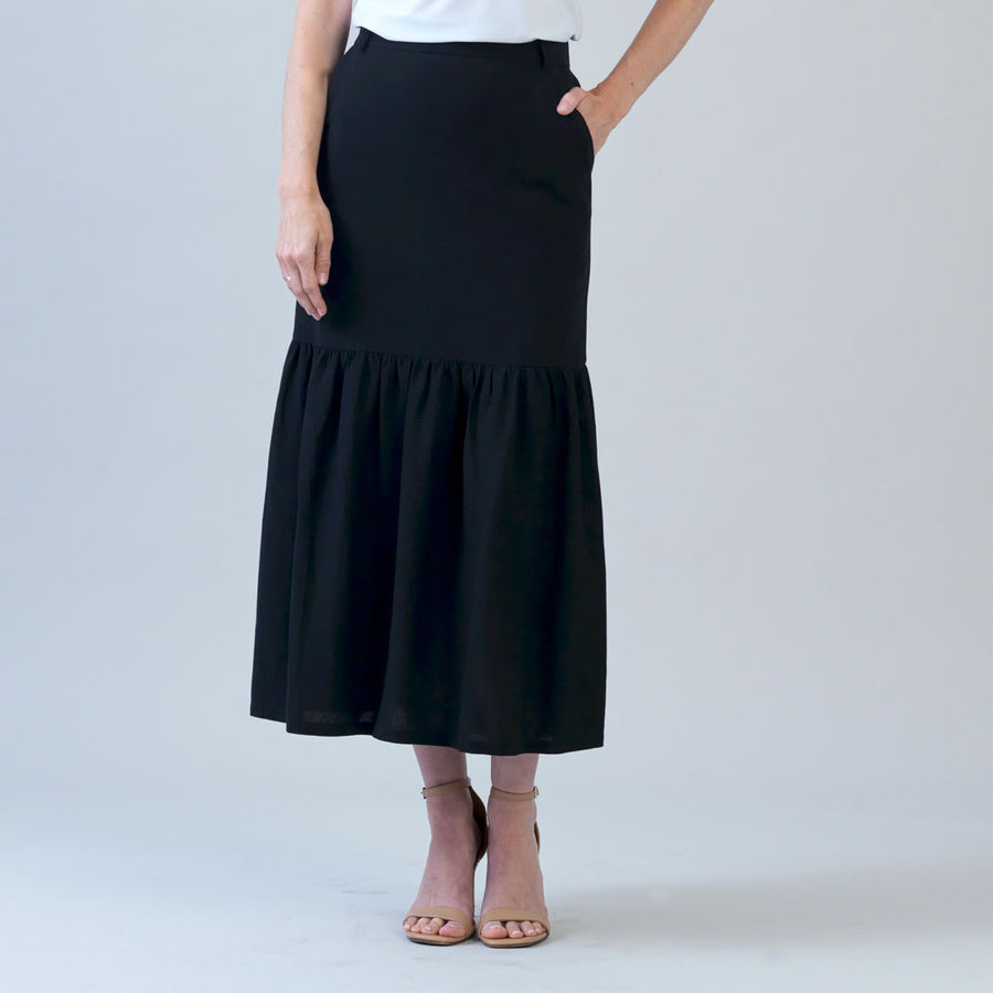 Linen Knit - Tie Waist Tiered Maxi Skirt - Black - Final Sale