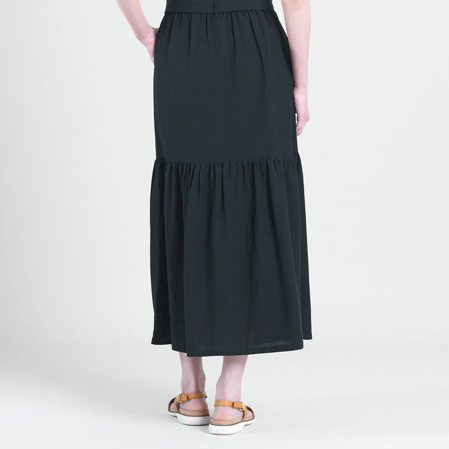 Linen Knit - Tie Waist Tiered Maxi Skirt - Black
