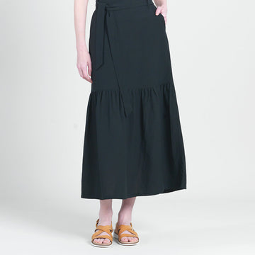 Linen Knit - Tie Waist Tiered Maxi Skirt - Black