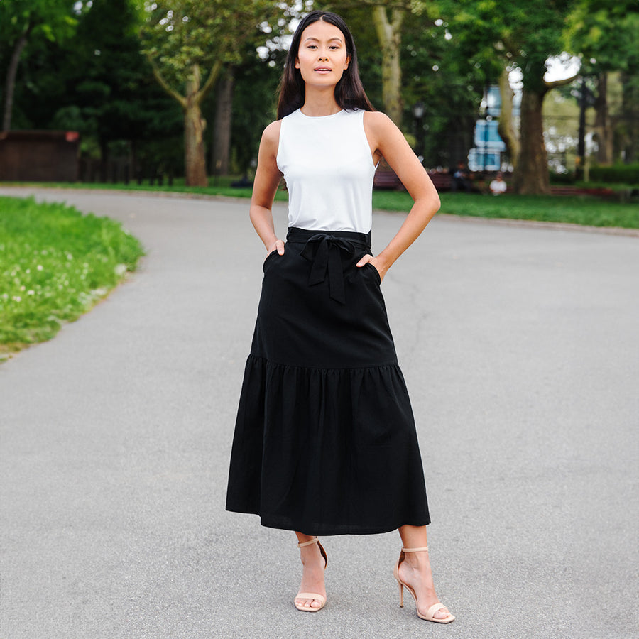 Linen Knit - Tie Waist Tiered Maxi Skirt - Black