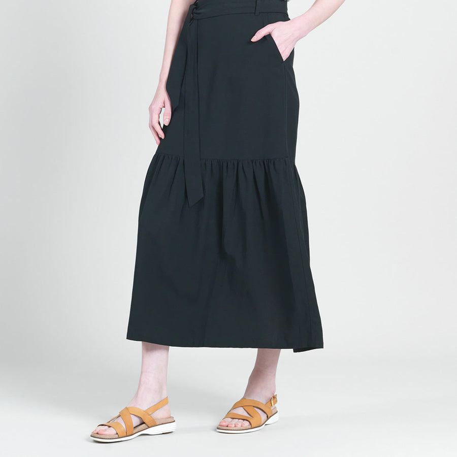 Linen Knit - Tie Waist Tiered Maxi Skirt - Black