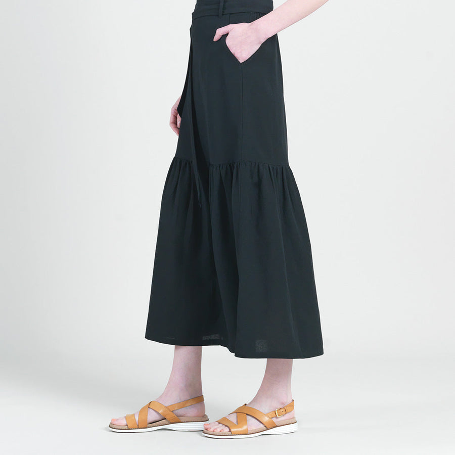 Linen Knit - Tie Waist Tiered Maxi Skirt - Black