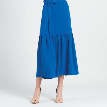 Soft Textured Rayon - Tie Waist Tiered Maxi Skirt - Cobalt