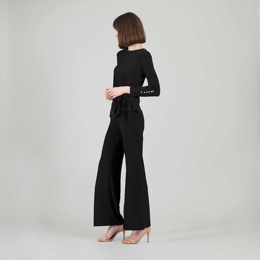Pearl Cuff Side Tie Waist Top - Black