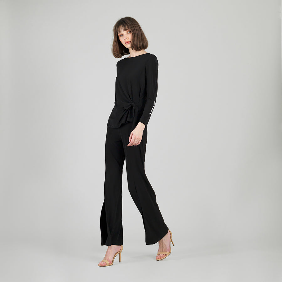 Pearl Cuff Side Tie Waist Top - Black