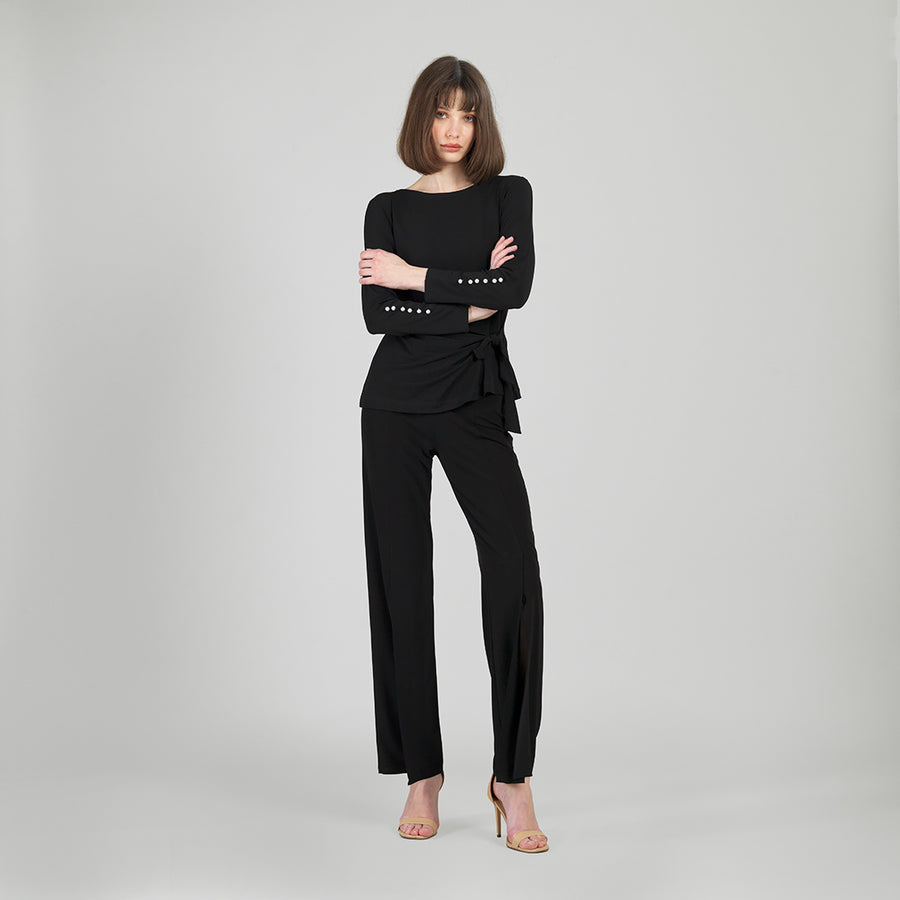 Pearl Cuff Side Tie Waist Top - Black