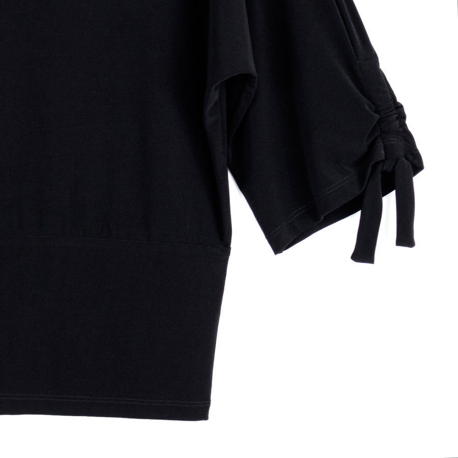 Pull-Tie Cuff Blouson Top - Black