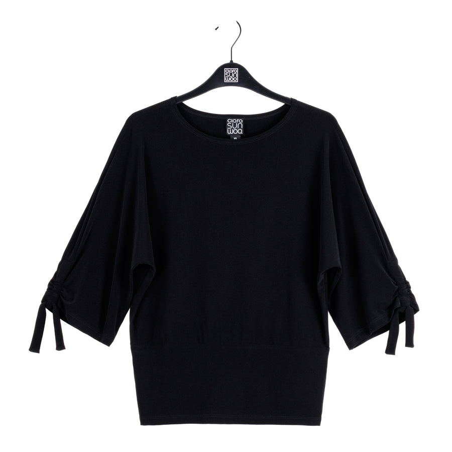 Pull-Tie Cuff Blouson Top - Black