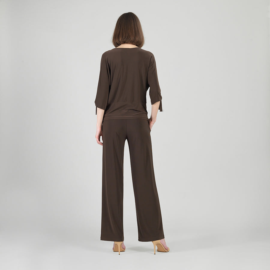Pull-Tie Cuff Blouson Top - Brown