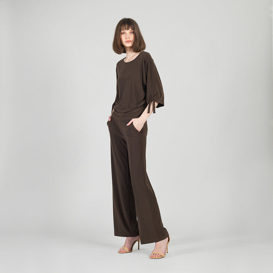 Pull-Tie Cuff Blouson Top - Brown
