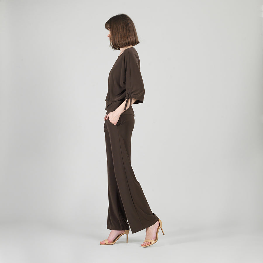 Pull-Tie Cuff Blouson Top - Brown
