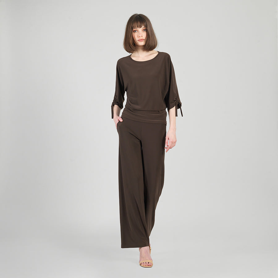 Pull-Tie Cuff Blouson Top - Brown