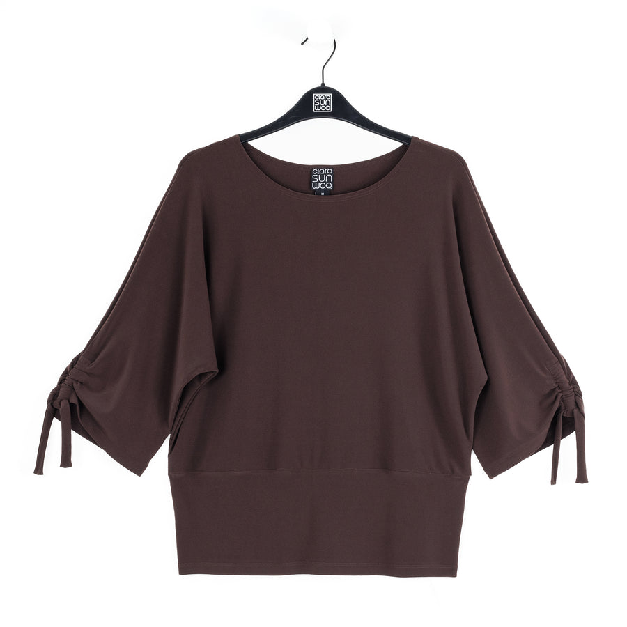 Pull-Tie Cuff Blouson Top - Brown
