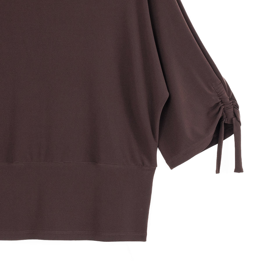Pull-Tie Cuff Blouson Top - Brown