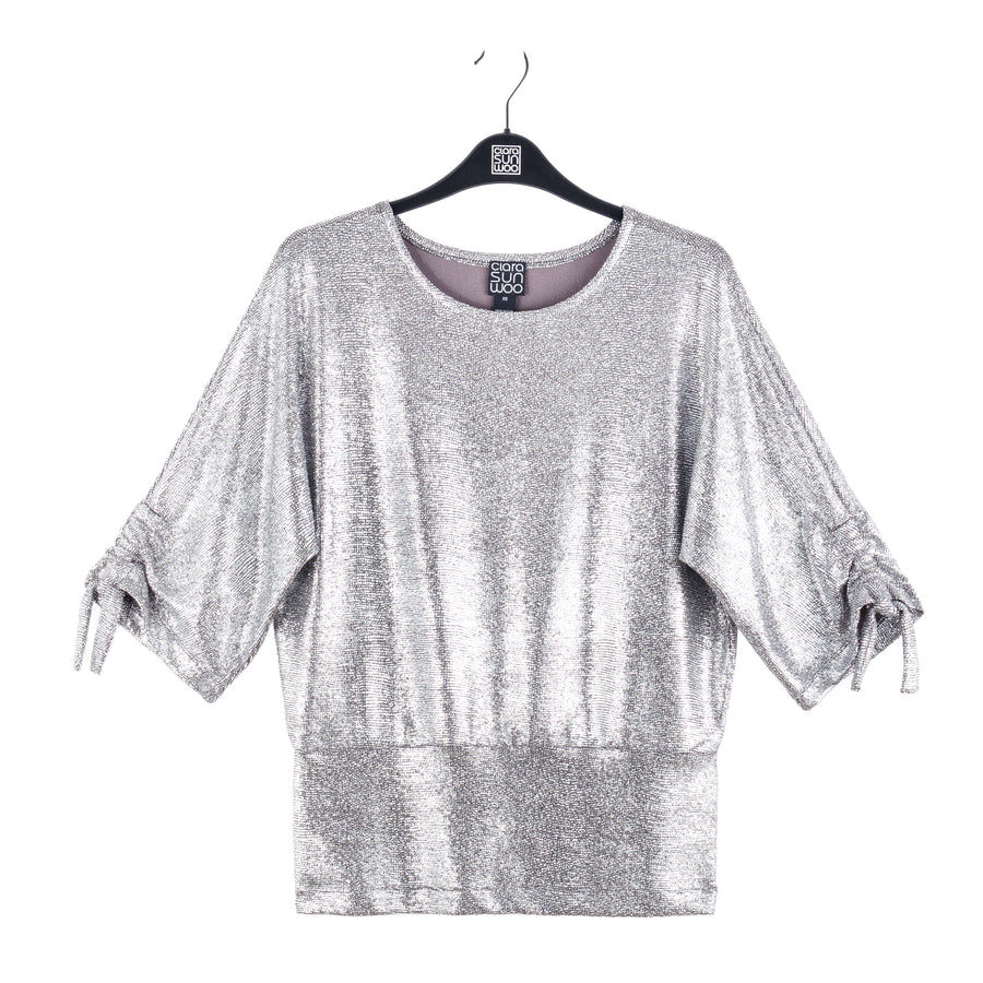 Glitter Foil - Pull-Tie Cuff Blouson Top - Gunmetal - Final Sale!