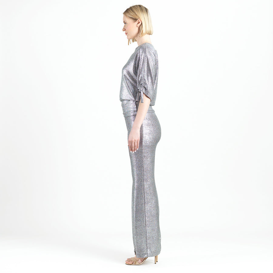Glitter Foil - Pull-Tie Cuff Blouson Top - Gunmetal - Final Sale!