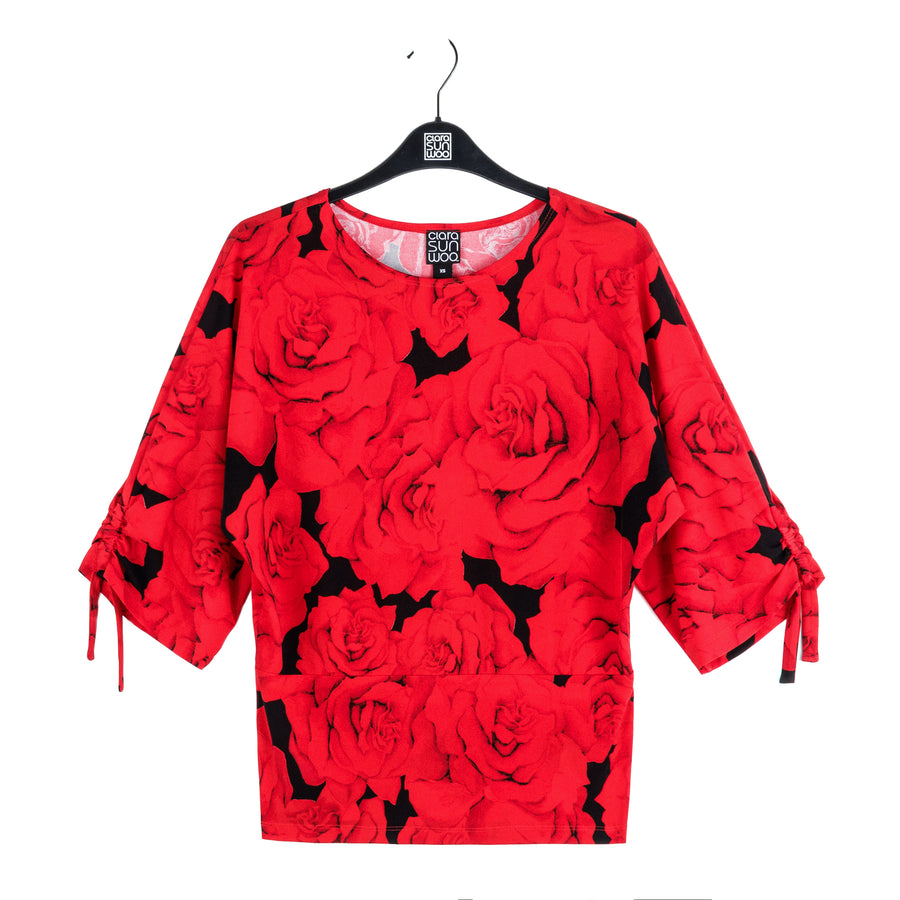 Pull-Tie Cuff Blouson Top - Rose Floret