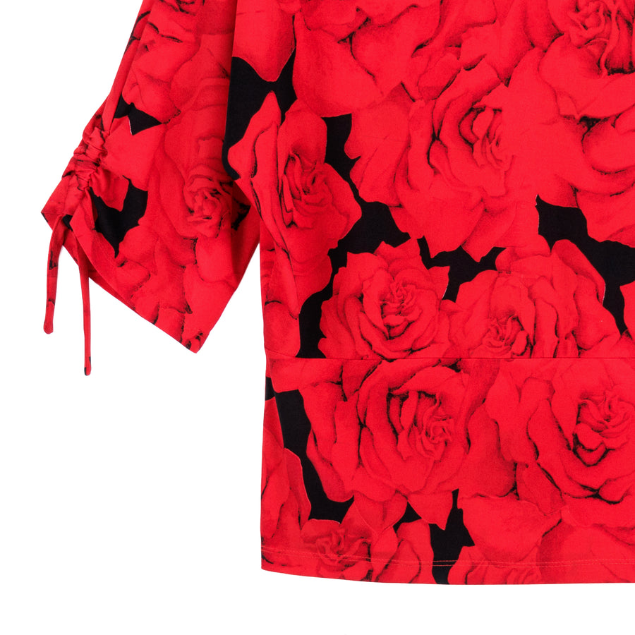 Pull-Tie Cuff Blouson Top - Rose Floret
