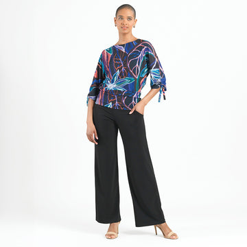 Pull-Tie Cuff Blouson Top - Petal Sketch